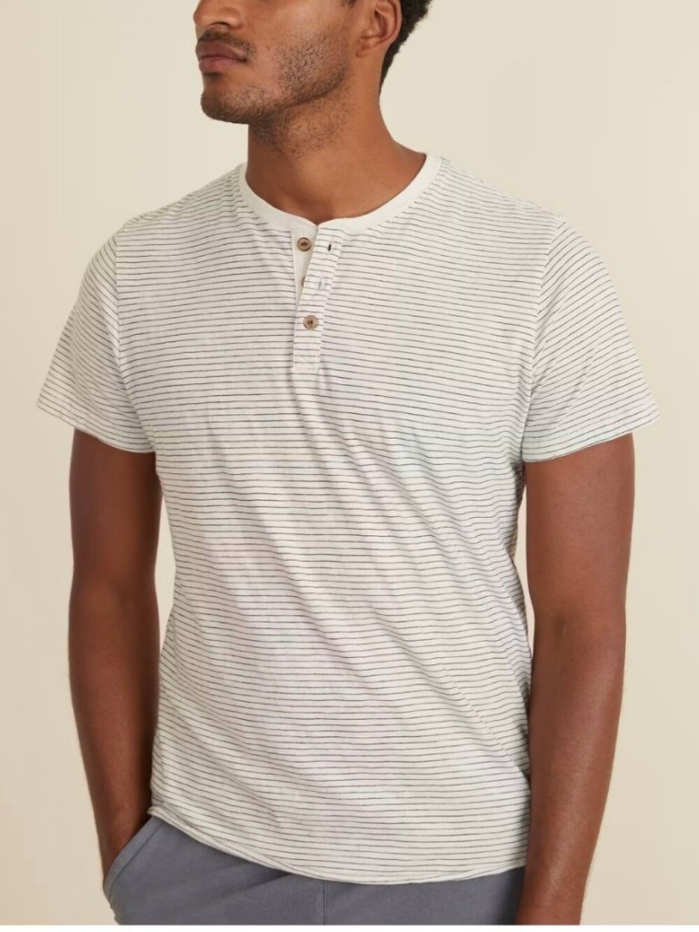 Mens Marine Layer Henley Shirt Black White Striped Cotton Short Sleeve Size S